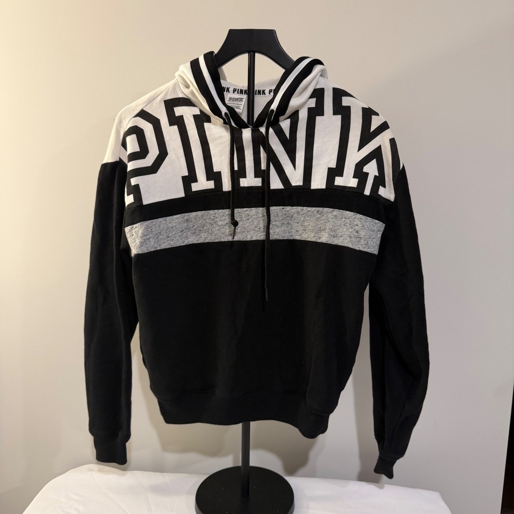 Victoria's Secret PINK Hoodie Black White Colorblock Logo Pullover XS